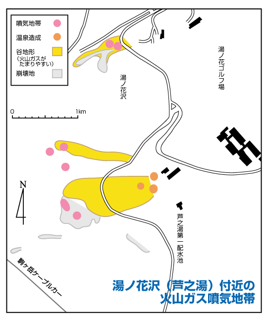 図解：湯ノ花沢（芦之湯）付近の火山ガス噴気地帯